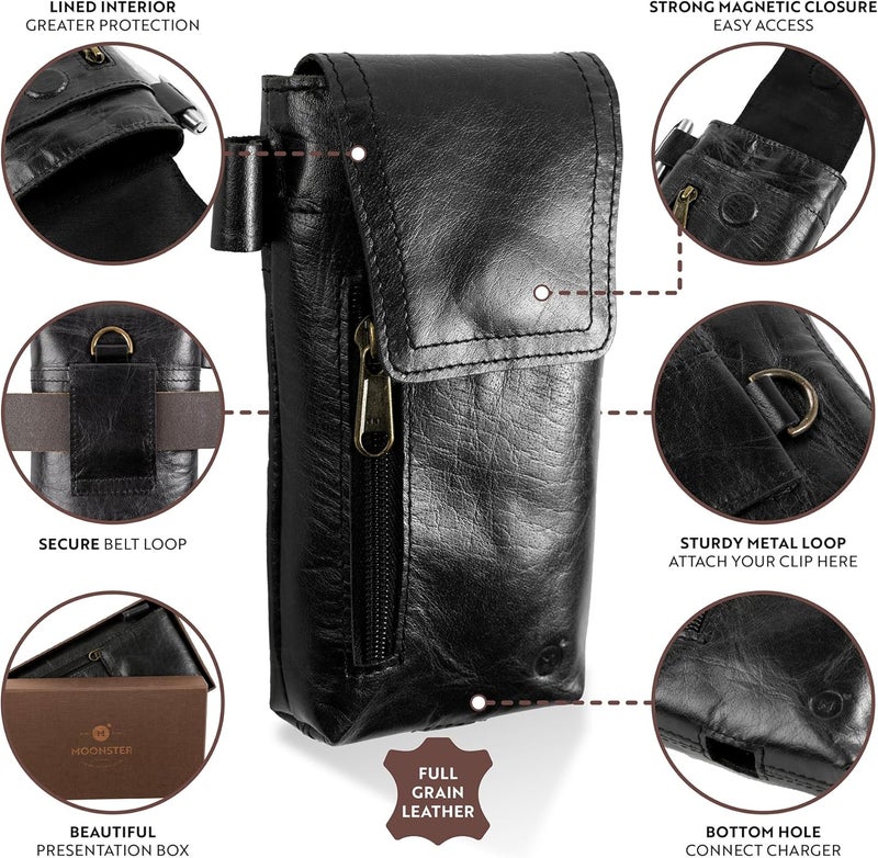 Moonster Leather Phone Holster – Genuine Full-Grain Buffalo Leather Pouch 7”H x 3.5" W Leather Cell Phone Holster for Large Smartphones Handmade Leather Secure Phone Belt Holder Black - Image 3
